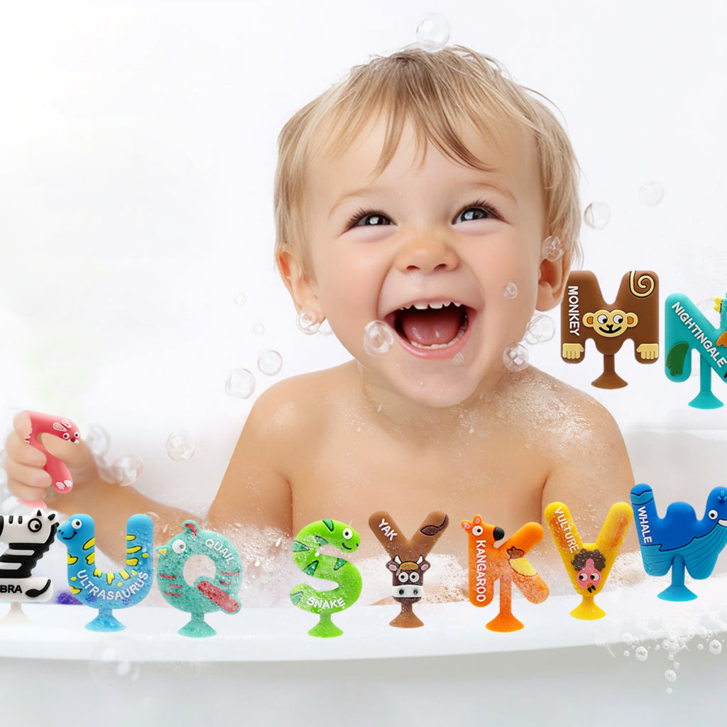Alphabet Bath Toys for Toddlers , Educational Suction Bath Toys with Animal Letters, Montessori Sensory Toy for Kids 3-12, No Hole Food-Grade Silicone Toys for Autism/ADD/ADHD